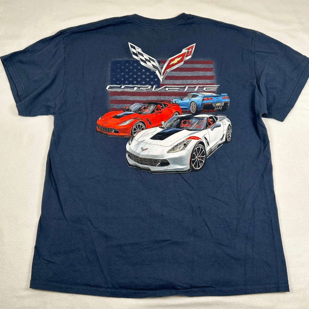 Gildan‎ Corvette C7 Graphic T-Shirt Mens XL Navy Blue American Flag Chevy Racing